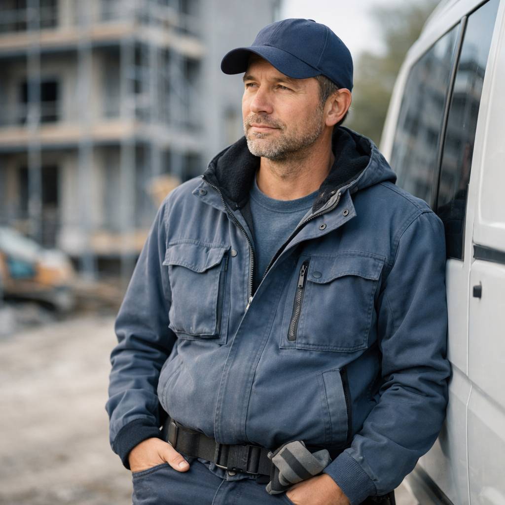 Pracownik budowlany oparty o samochód